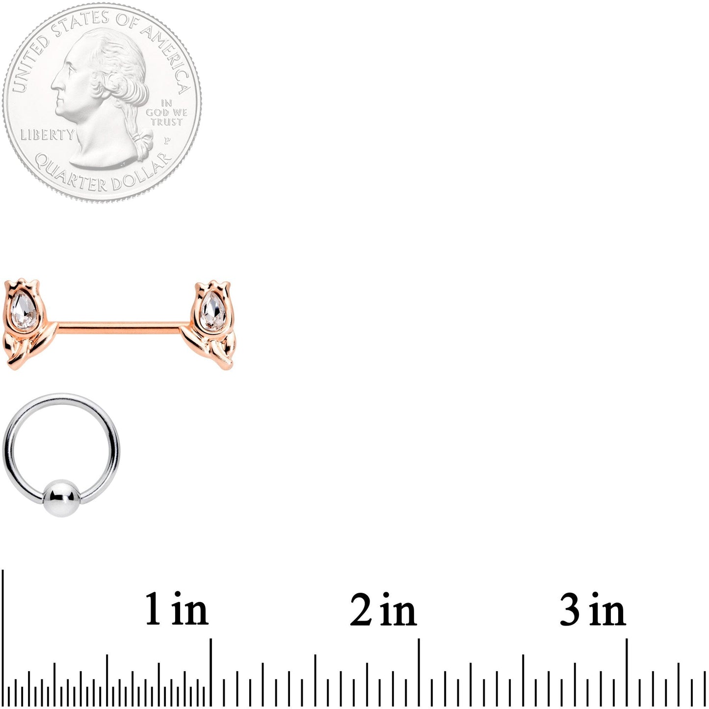 14G Clear Gem Rose Gold Tone Flowers BCR Barbell Nipple Ring Set