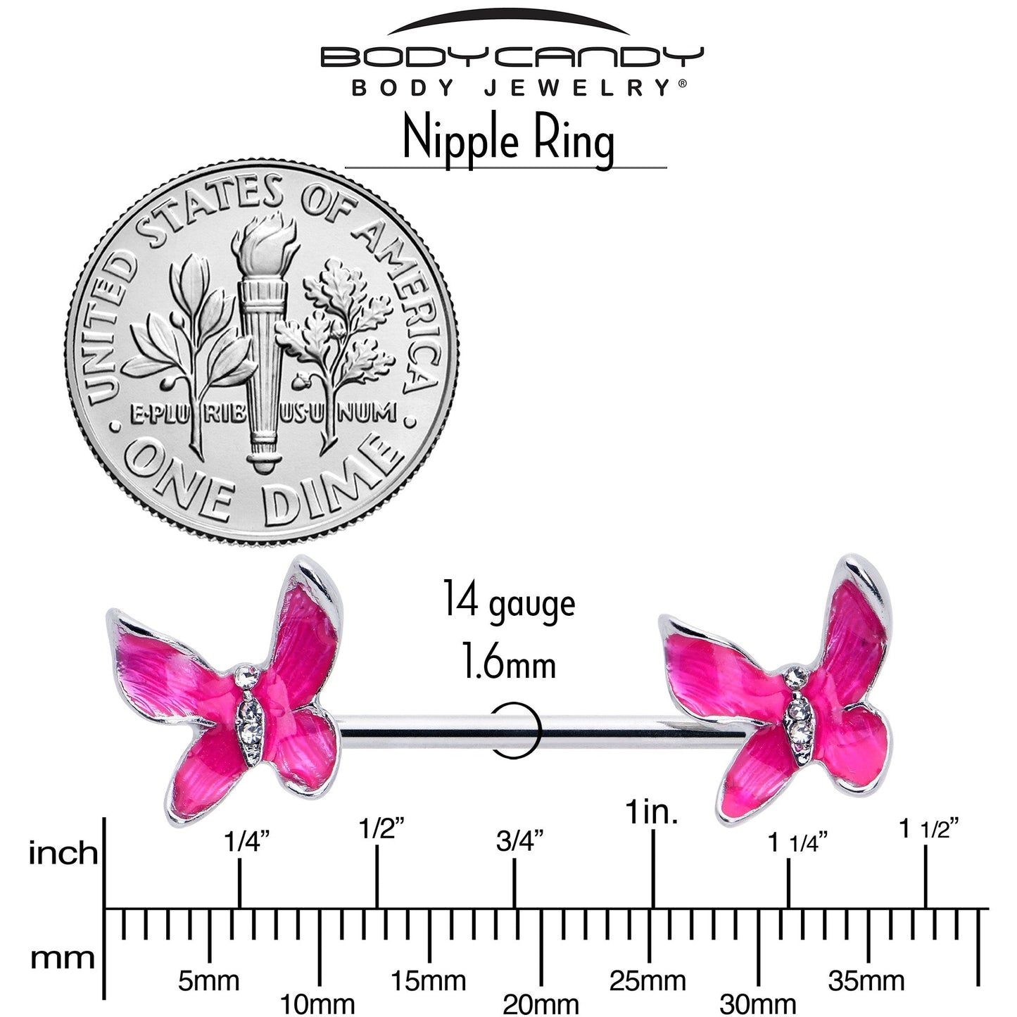 14G 9/16 Clear Gem Chunky Butterfly Pink Barbell Nipple Ring Set