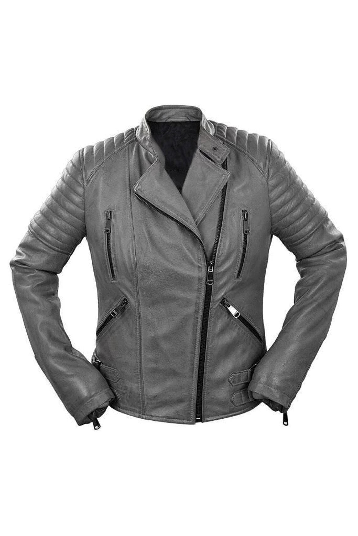 Handmade Stylish Look Gray Biker Leather Jacket for Women - Motorcycle Leather Jacket for Women