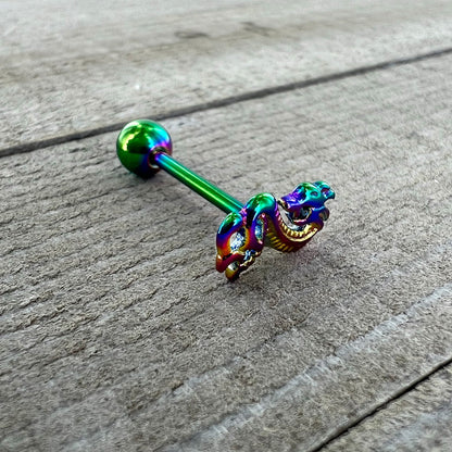 Rainbow Titanium Anodized 3-D Dragon  Barbell Tongue Ring
