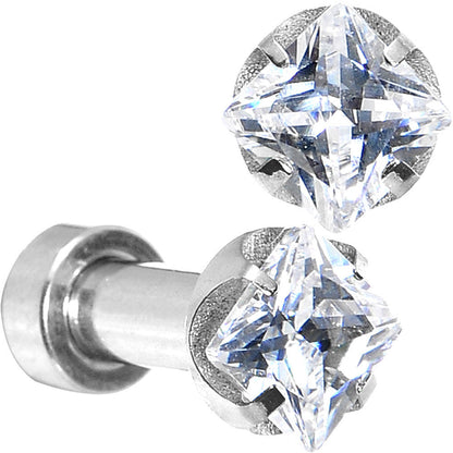 8G Stainless Steel Clear Square CZ Screw Fit Tunnel Set