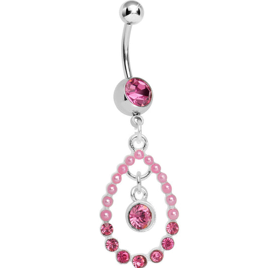 Pink Gem Faux Pearl Teardrop Dangle Belly Ring