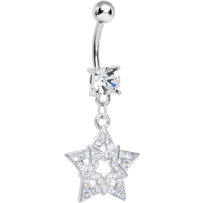 Clear Gem Paved Star Within a Star Dangle Belly Ring