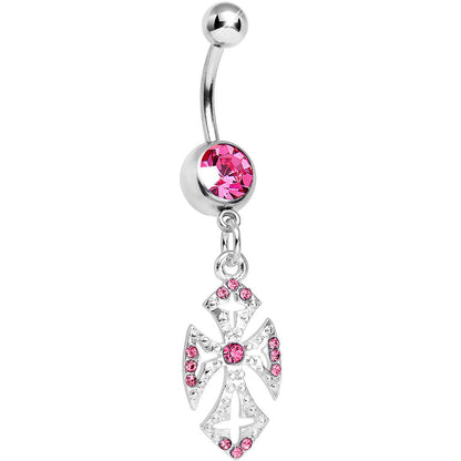 Pink Gem Ornate Heavenly Cross Dangle Belly Ring