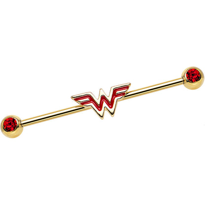 Red Gem Gold Plated Licensed Wonder Woman Logo Industrial Barbell