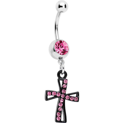 Pink Gem Black Cross Dangle Belly Ring