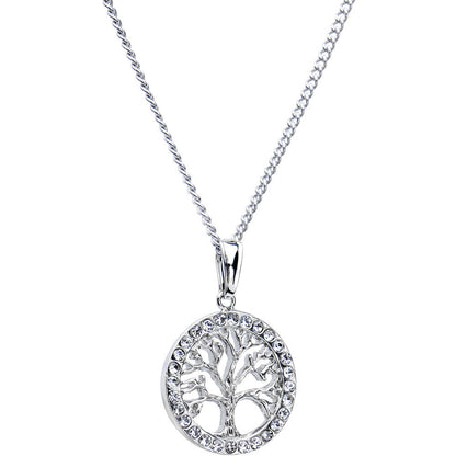 Stainless Chain Clear Gem Tree of Life Medallion Pendant Necklace
