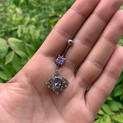 Clear Purple CZ Gem Princess Cut Drop Dangle Belly Ring