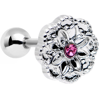 16G 1/4 Pink Gem Steel Mandala Flower Tragus Cartilage Earring