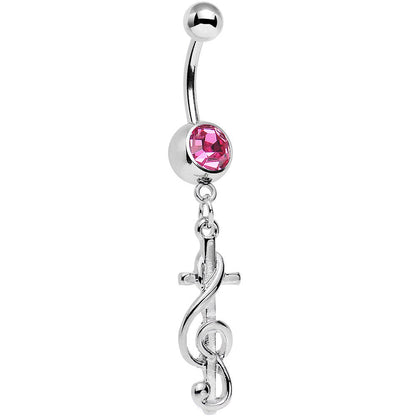 Pink Gem Treble Clef Make Music Note and Cross Dangle Belly Ring