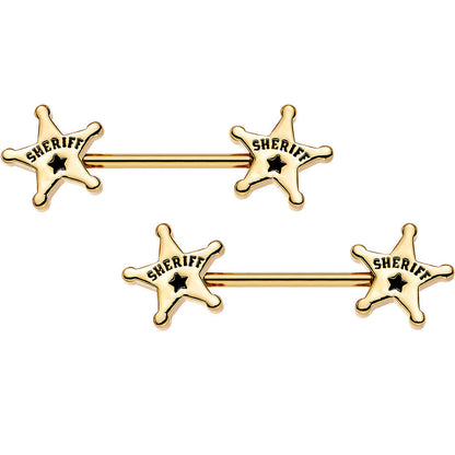 14G 5/8 Gold Plated Steel Sheriffs Badge Nipple Barbell Set