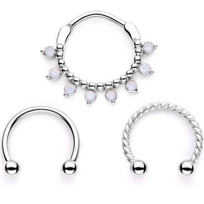 16G 3/8 White Faux Opal Twisted Hoseshoe and Clicker Set of 3