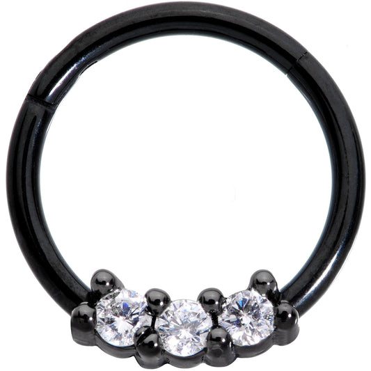 16G 3/8 Clear CZ Gem Black Trio Hinged Segment Ring