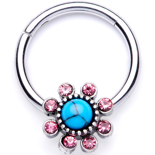 16G 3/8 Pink Gem Faux Turquoise Flower Hinged Segment Ring
