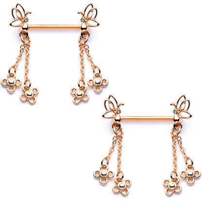 9/16 Clear Gem Rose Gold Tone Butterfly Dangle Barbell Nipple Ring Set