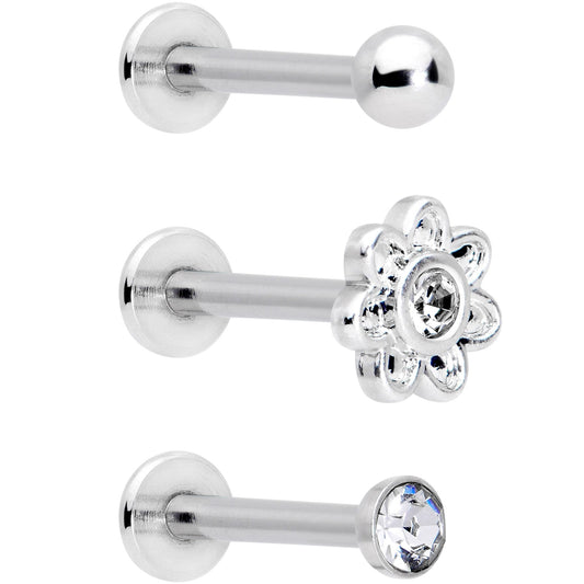 16G 5/16 Clear Gem Flower Top Labret Tragus Set of Three