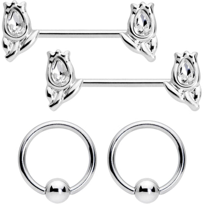 14G 7/16 1/2 Clear Gem Flowers BCR Barbell Nipple Ring Set of 4