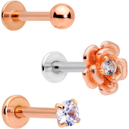 16G 5/16 Clear Gem Flower Internally Threaded Labret Set of 3