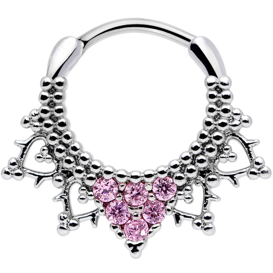 16G 3/8 Pink CZ Gem Triangle Ornate Septum Clicker