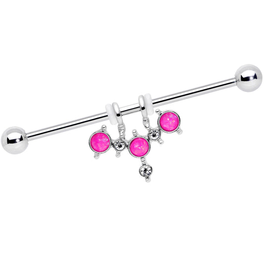 14G Pink Faux Opal Triad Dangle Industrial Barbell 38mm