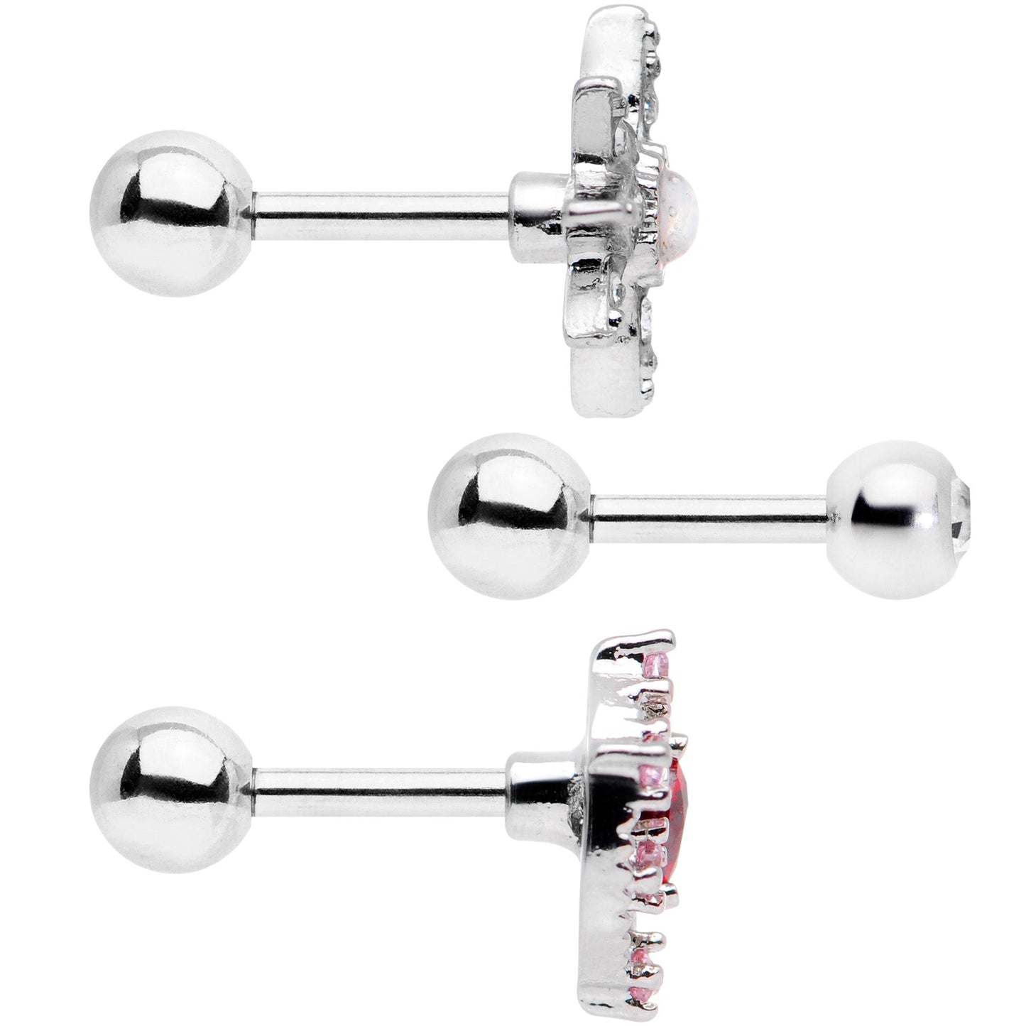 16G 1/4 Pink Red Clear CZ Gem Moon Star Cartilage Tragus Set of 3