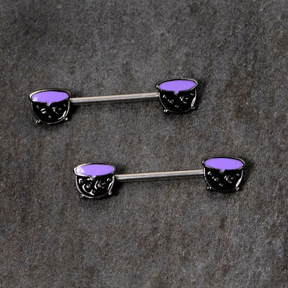 14G 11/16 Purple Cauldron Halloween Barbell Nipple Ring Set