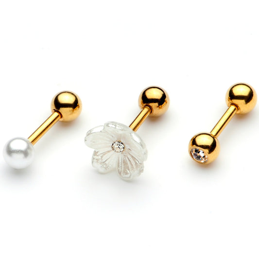 16G 1/4 Faux Pearl Gold Tone Flower Cartilage Tragus Set of 3