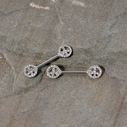 14G 9/16 Clear Gem Retro Peace Sign Barbell Nipple Ring Set