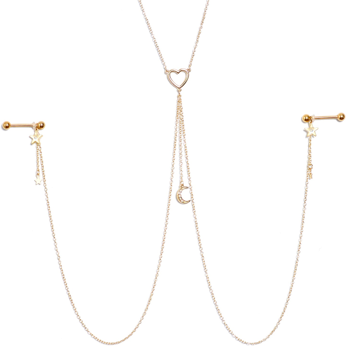 14G 5/8 Aurora Gem Gold Tone Heart Star Nipple Chain Necklace