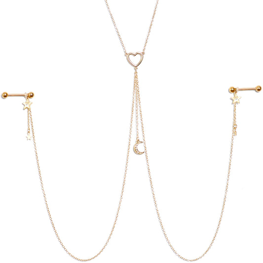 14G 5/8 Aurora Gem Gold Tone Heart Star Nipple Chain Necklace
