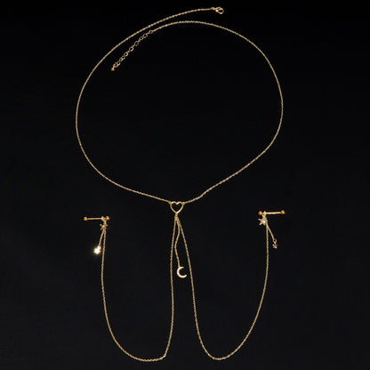 14G 5/8 Aurora Gem Gold Tone Heart Star Nipple Chain Necklace