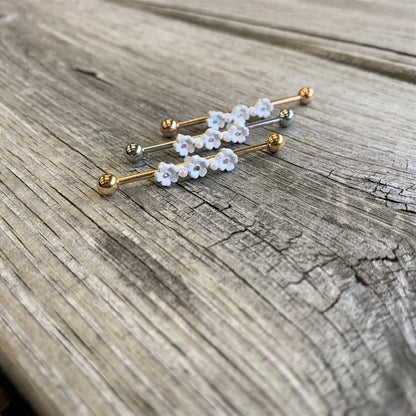 14G Clear Gem White Flower Industrial Barbell 38mm