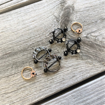 14G 9/16 Black Clear Gem Rose Gold Tone Bee BCR Nipple Ring Set