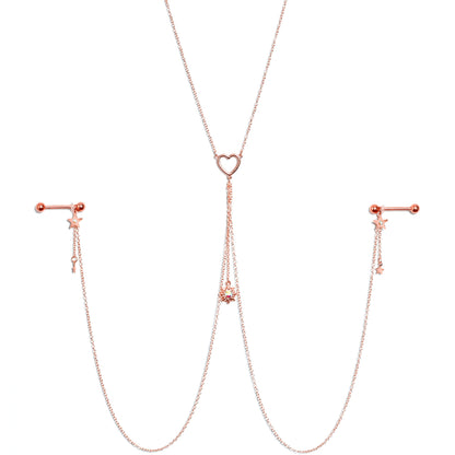 14G 5/8 Aurora Gem Rose Gold Hue Star Sun Nipple Chain Necklace