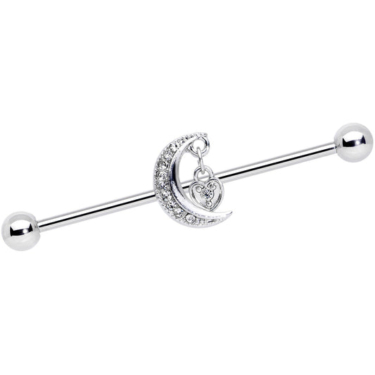 14G Clear CZ Gem Heart Padlock Moon Dangle Industrial Barbell 38mm