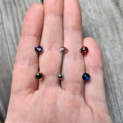 Red CZ Gem Smooth Hemisphere Barbell Tongue Ring