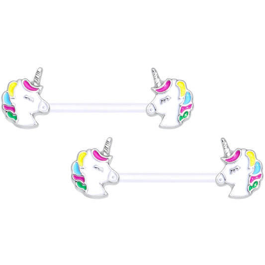14G 9/16 Clear Bioplast Pastel Unicorn Barbell Nipple Ring Set