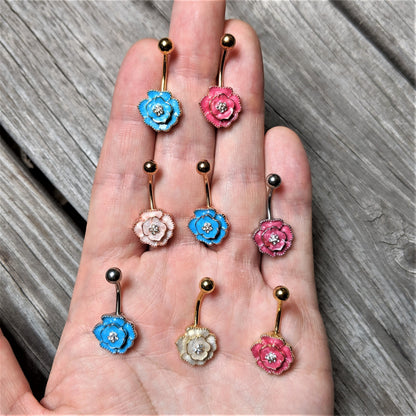 Clear Gem Pink Rose Reversible Belly Ring