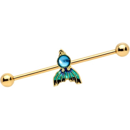 14G Gold Tone Blue Green Mermaid Tail Industrial Barbell 38mm