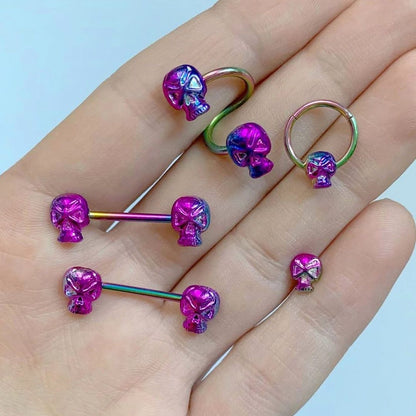14G 9/16 Rainbow Plated Scary Skull Barbell Nipple Ring Set