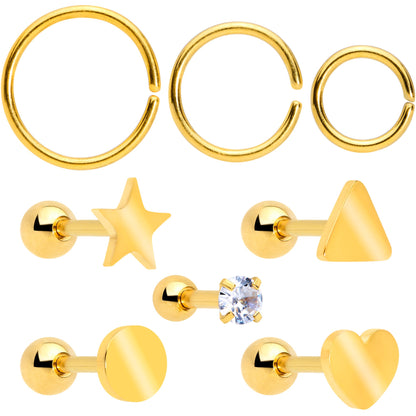 18G Clear CZ Gem Gold Tone Heart Cartilage Tragus Set of 8