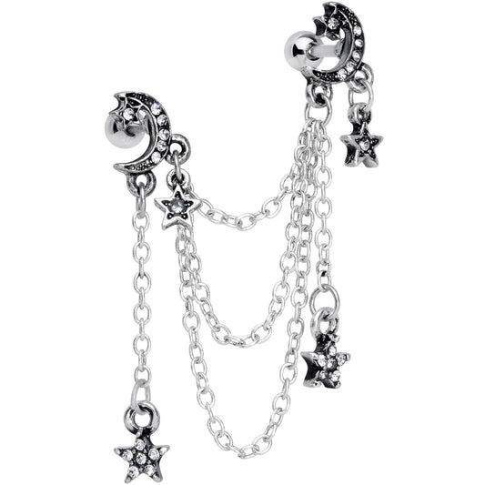 16G 1/4 Clear Gem Moon Star Triple Dangle Cartilage Chain Earring
