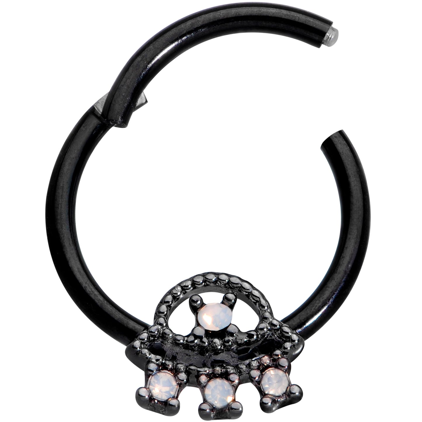 16G 3/8 White Faux Opal Black UFO Hinged Segment Ring