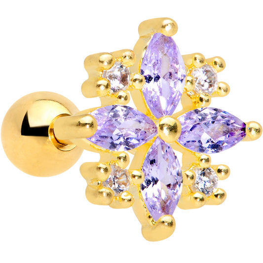 16G 1/4 Clear Purple CZ Gem Gold Tone Star Burst Cartilage Tragus