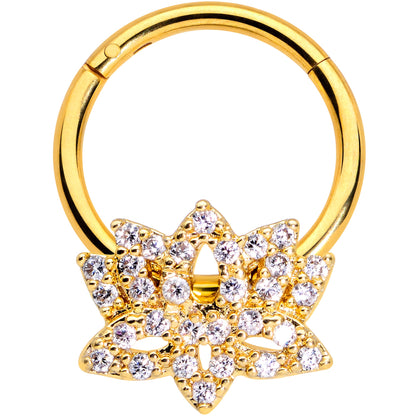 16G 3/8 Clear CZ Gem Gold Tone Lotus Flower Hinged Segment Ring
