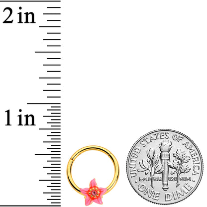 16G 3/8 Pink Gem Gold Tone Exotic Floral Star Hinged Segment Ring