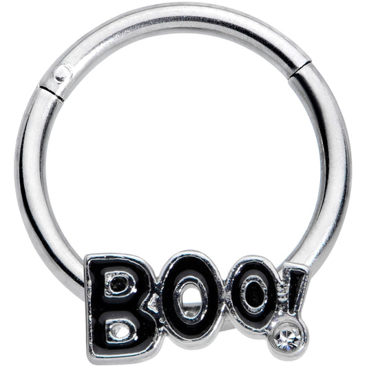 16G 3/8 Clear Gem Black Boo Halloween Hinged Segment Ring