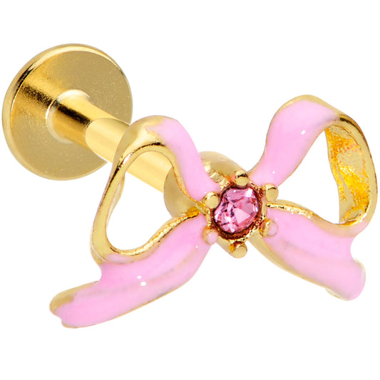16G 5/16 Pink Gem Gold Tone Pink Bow Labret Monroe Tragus