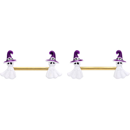 14G 9/16 Gold Tone Ghost Witch Halloween Barbell Nipple Ring Set