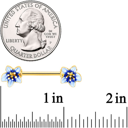 14G 9/16 Gold Tone White Blue Flower Barbell Nipple Ring Set